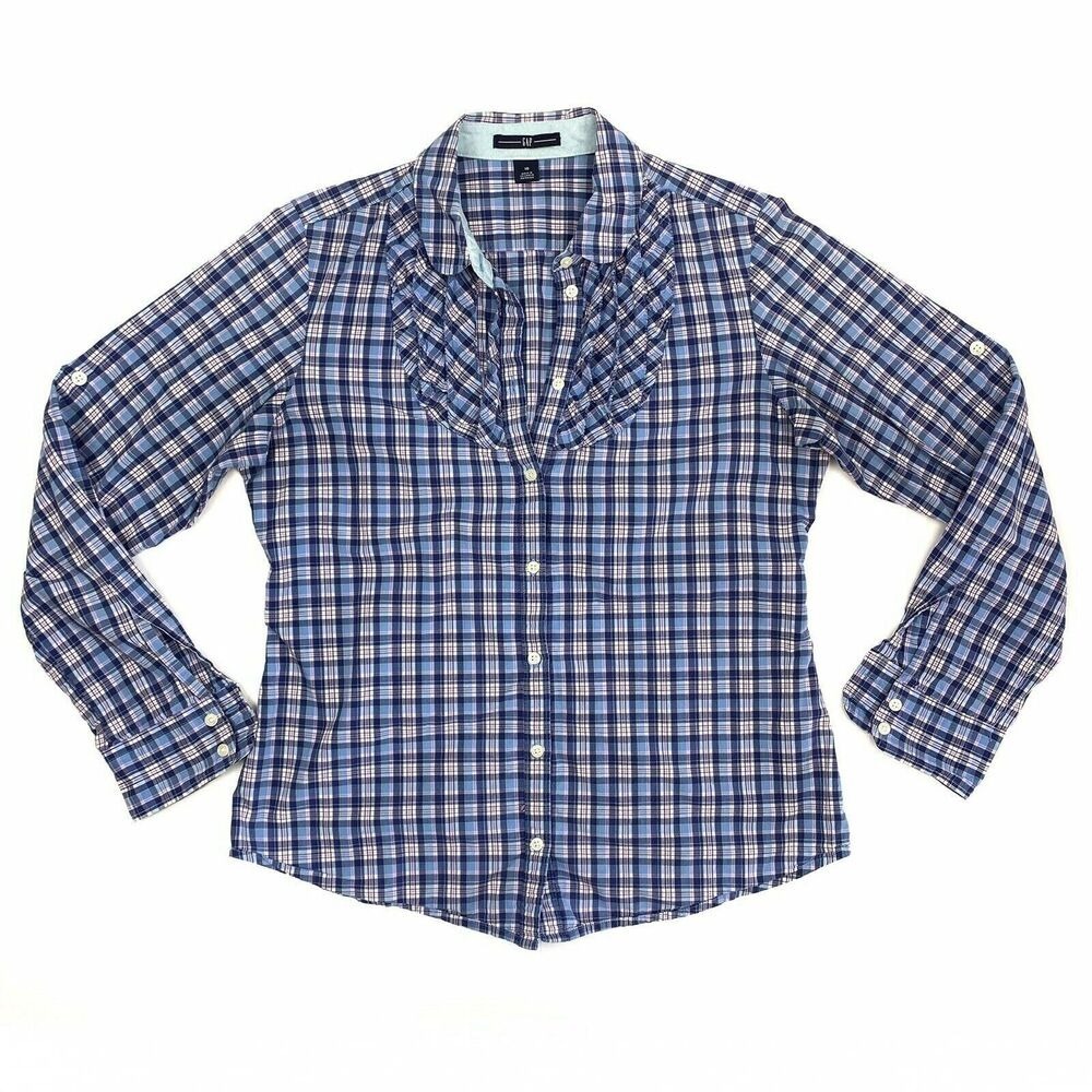 Gap Shirt Womens 10 Pink Blue Plaid Ruffles Roll Tab Sleeves Business Casual‎